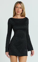 Winnie Mini Dress - Boat Neck Flute Sleeve Dress in Black