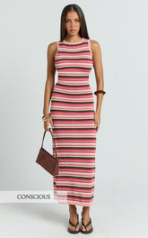Yasmine Maxi Dress - Boat Neck Backless Stripe Knit Stripe Dress in Multi