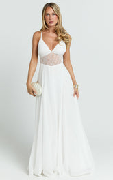 Ysolde Maxi Dress - V Neck Low Back Fit And Flare Dress in White