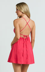 Zora Mini Dress - V Neck Bow Front Baby Doll Mini Dress in Red