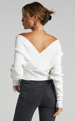 Petra Top - Long Sleeve Wrap Ribbed Knit Top in Cream