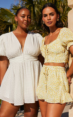 Xandy Mini Dress - Textured Puff Sleeve Plunge Dress in White