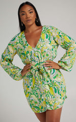 Gianna Mini Dress - Linen Look Balloon Sleeve Dress in California Dreamin