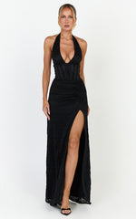 Lacey Maxi Dress - Lace Corset Style Bodice Halter Dress in Black