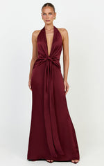 Raven Maxi Dress - Deep V Neck Tie Front Satin Dress in Wine