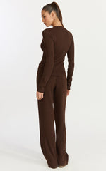 Indigo Top - Long Sleeve Button Down Knit Top in Chocolate
