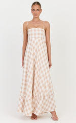 Katrien Maxi Dress - Strappy Empire Waist Flare Dress in Beige and White Check