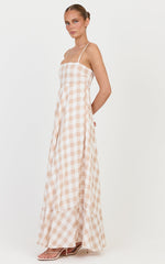 Katrien Maxi Dress - Strappy Empire Waist Flare Dress in Beige and White Check