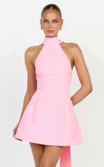 Helia Mini Dress - High Halter Neck Scarf Detail A Line Dress in Pink