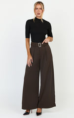 Stella Pants - High Waist Belted Wide Leg Pants in Dark Brown