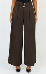 Stella Pants - High Waist Belted Wide Leg Pants in Dark Brown