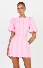 Laila Mini Linen Blend Dress - High Neck Side Cut Out Puff Sleeve Straight Dress in Pink