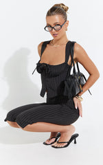 Susannah Pants - Pinstripe Fitted Split Leg Capri Pants in Black Stripe