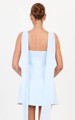 Rowe Mini Dress - Draped Back Shoulder Sash Dress in Soft Blue