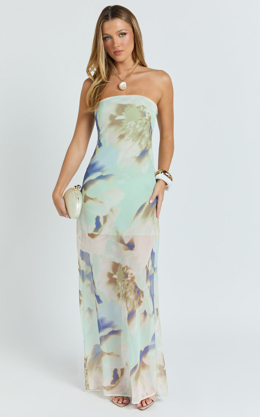 Adiana Maxi Dress - Floral Print Strapless Dress in Aquamarine Floral