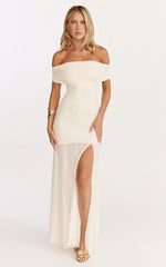 Alanna Maxi Dress - Off Shoulder Ruched Mesh Dress in Cream