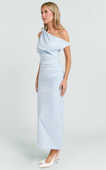 Alexandria Midi Dress - Tip Shoulder Draped Fitted Dress in Blue