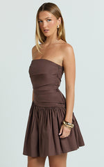 Almera Mini Dress - Strapless Ruched Dress in Chocolate