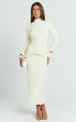 Amelita Midi Dress - Long Sleeve Knot Detail Dress in Cream