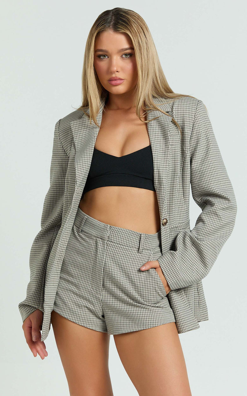 Angela Shorts - High Waist Micro Mini Shorts in Beige Check