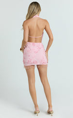 Ari Mini Dress - Fringe Beaded Dress in Light Pink
