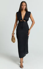 Beatrice Midi Dress - Plunge Neck Tie Cut Out Front Dress in Black