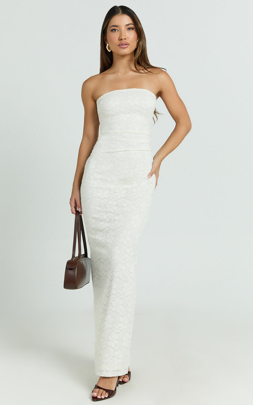 Bec Maxi Dress - Stretch Lace Strapless Dress in Off White