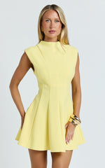 Becky Mini Dress - High Neck Sleeveless Fit And Flare Dress in Lemon