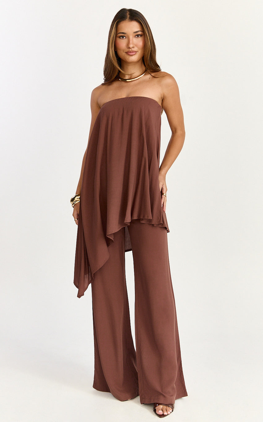 Bella Two Piece Top and Pants Set - Long Line Assym Top And Wide Leg Pants Set in Chocolate