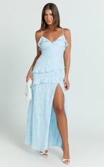 Braelyn Maxi Dress - Ruffle Low Back Dress in Blue