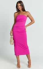 Calanthe Midi Dress - Strapless Tuck Detail Dress in Orchid