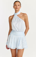 Callista Mini Dress - Scarf Neck Backless Dress in Light Blue