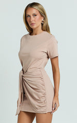 Candace Mini Dress - Faux Wrap Shift Dress in Beige