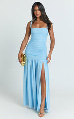 Cardi Maxi Dress - Ruched Mesh High Leg Split Dress in Blue