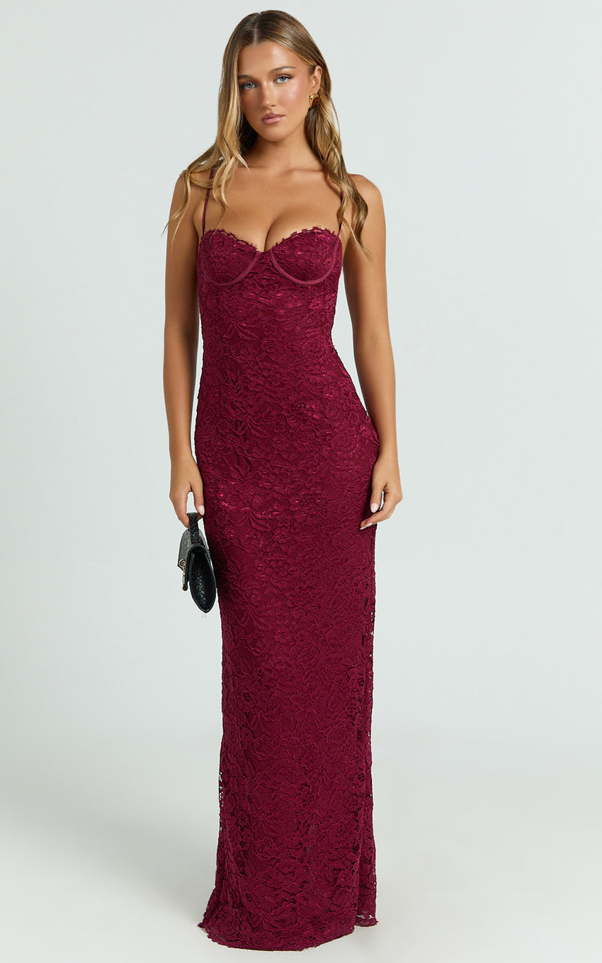 Carli Maxi Dress - Adjustable Strap Corset Bodycon Lace Dress in Wine