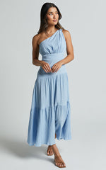 Celestia Midi Dress - Tiered One Shoulder Dress in Soft Blue