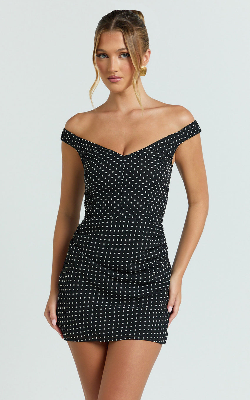 Charlie Mini Dress - Polka Dot Off Shoulder Gathered Dress in polkadot