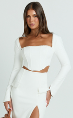 Clarissa Top - Square Neck Pearl Trim Long Sleeve Top in Off White
