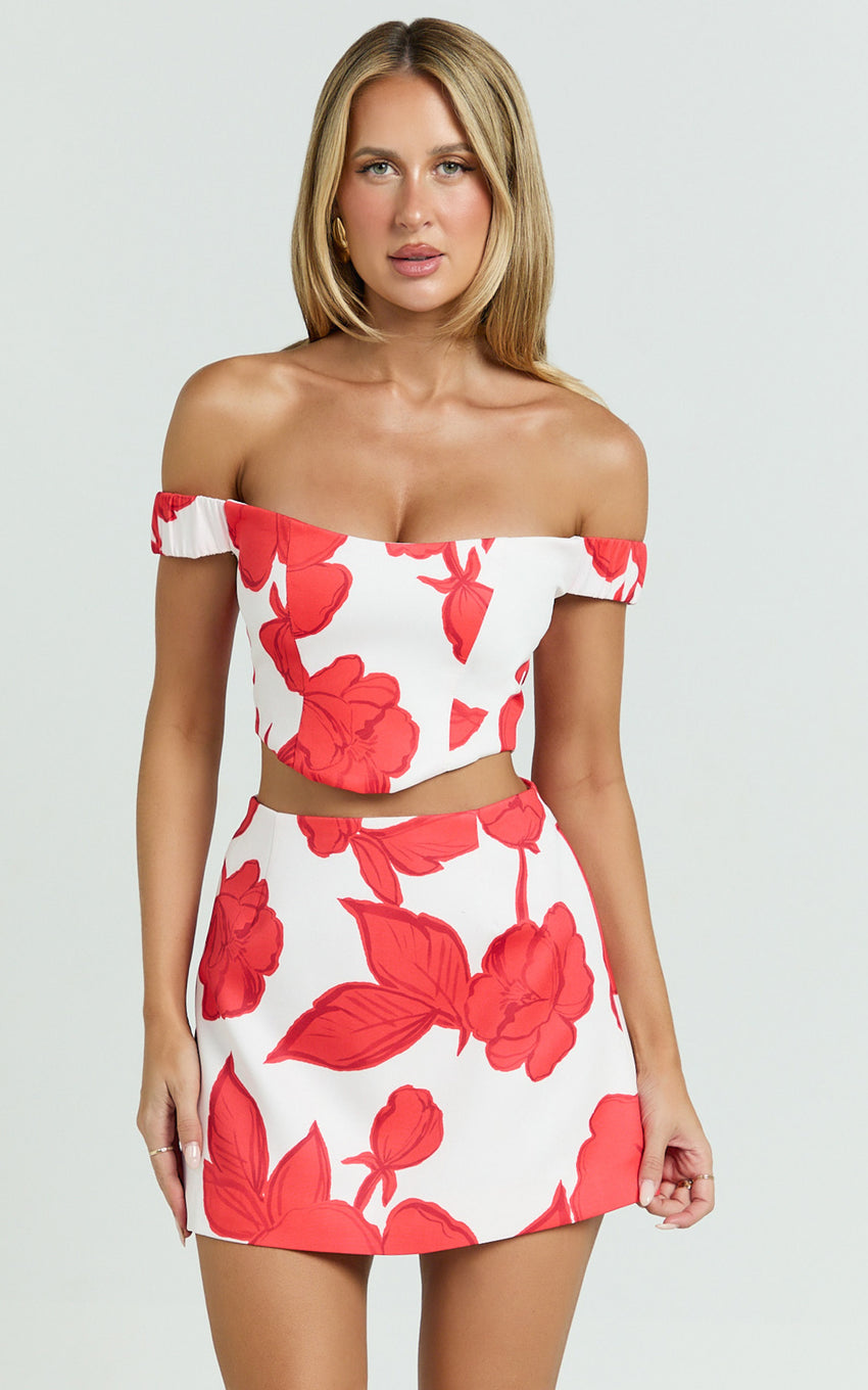 Darcy Top - Off Shoulder Printed Corset Top in Bouquet Di Fiori
