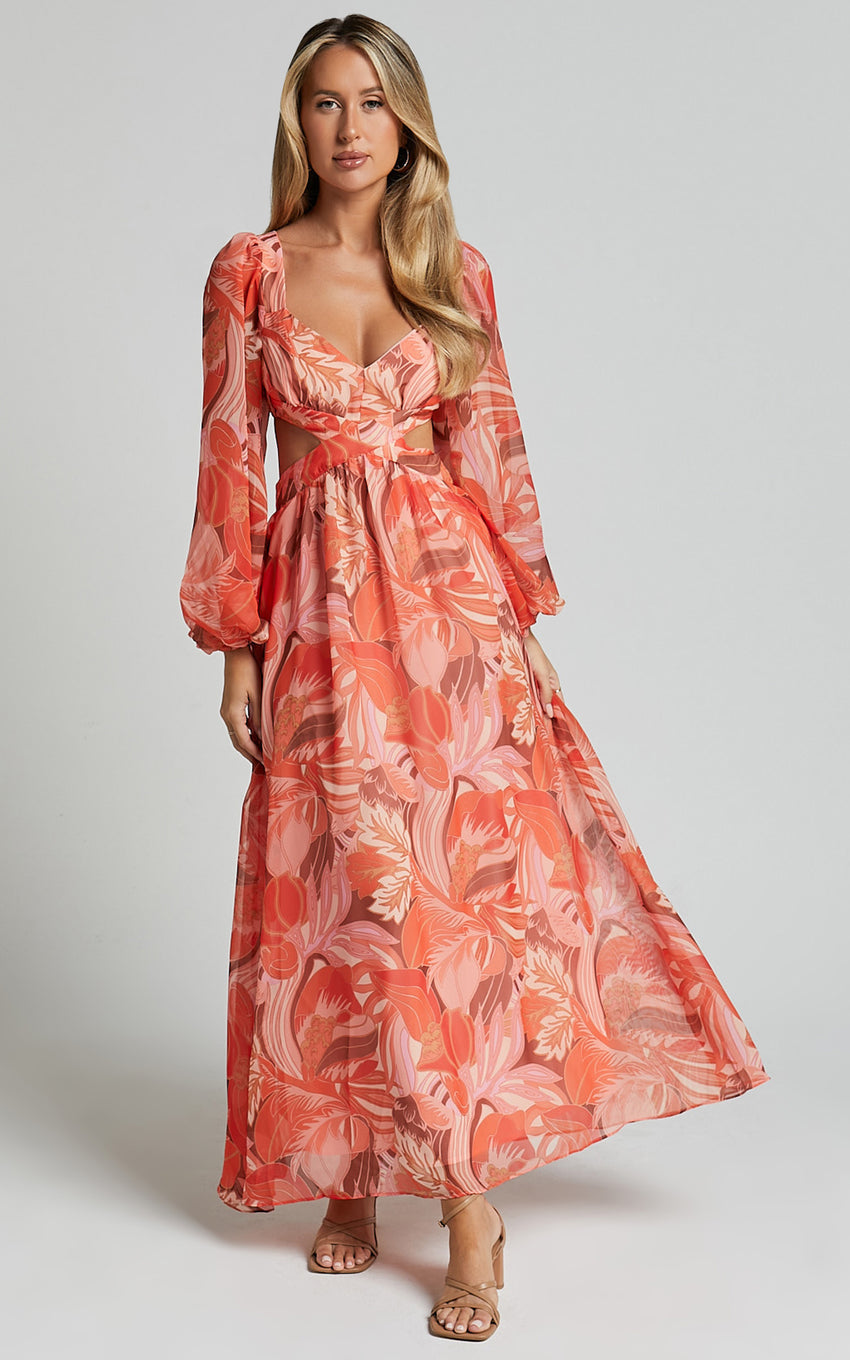 Deborah Midi Dress - Ballon Sleeve V Neck Side Cut Out Dress in Orange Floral