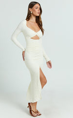 Delaney Midi Dress - Long Sleeve Twist Front Bodycon Dress in Cream