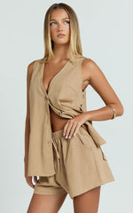 Devon Two Piece Set - Open Side Detail Top & Short Linen Set in Biscuit