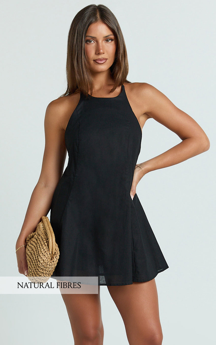 Dorothy Mini Dress - Backless Beaded Smock Mini Dress in Black