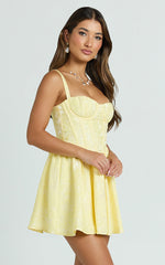 Eden Mini Dress - Jacquard Sweetheart Neck Lace Up Fit And Flare Dress in Yellow