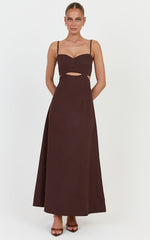 Elizabeth Midi Dress - Linen Blend Tie Back Cut Out Maxi Dress in Dark Chocolate