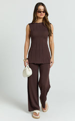 Elodie Two Piece Set - Rib Knit Top and Pant Set in Chocolate