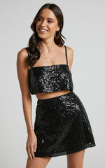 Elswyth Top - Strappy Sequin Crop Cami Top in Black Sequin