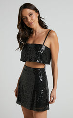 Elswyth Top - Strappy Sequin Crop Cami Top in Black Sequin