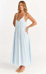 Estelle Maxi Dress - V Neck Pleated Dress in Blue