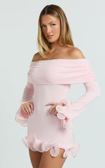 Estelle Mini Dress - Off Shoulder Long Sleeve Frilled Hem Fitted Dress in Baby Pink